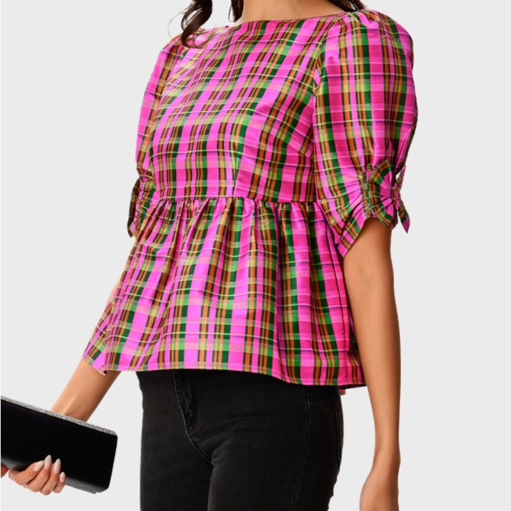 WAYWARD FANCIES Check Print Dupioni Peplum Top XXL Feminine Preppy Casual - Picture 2 of 12